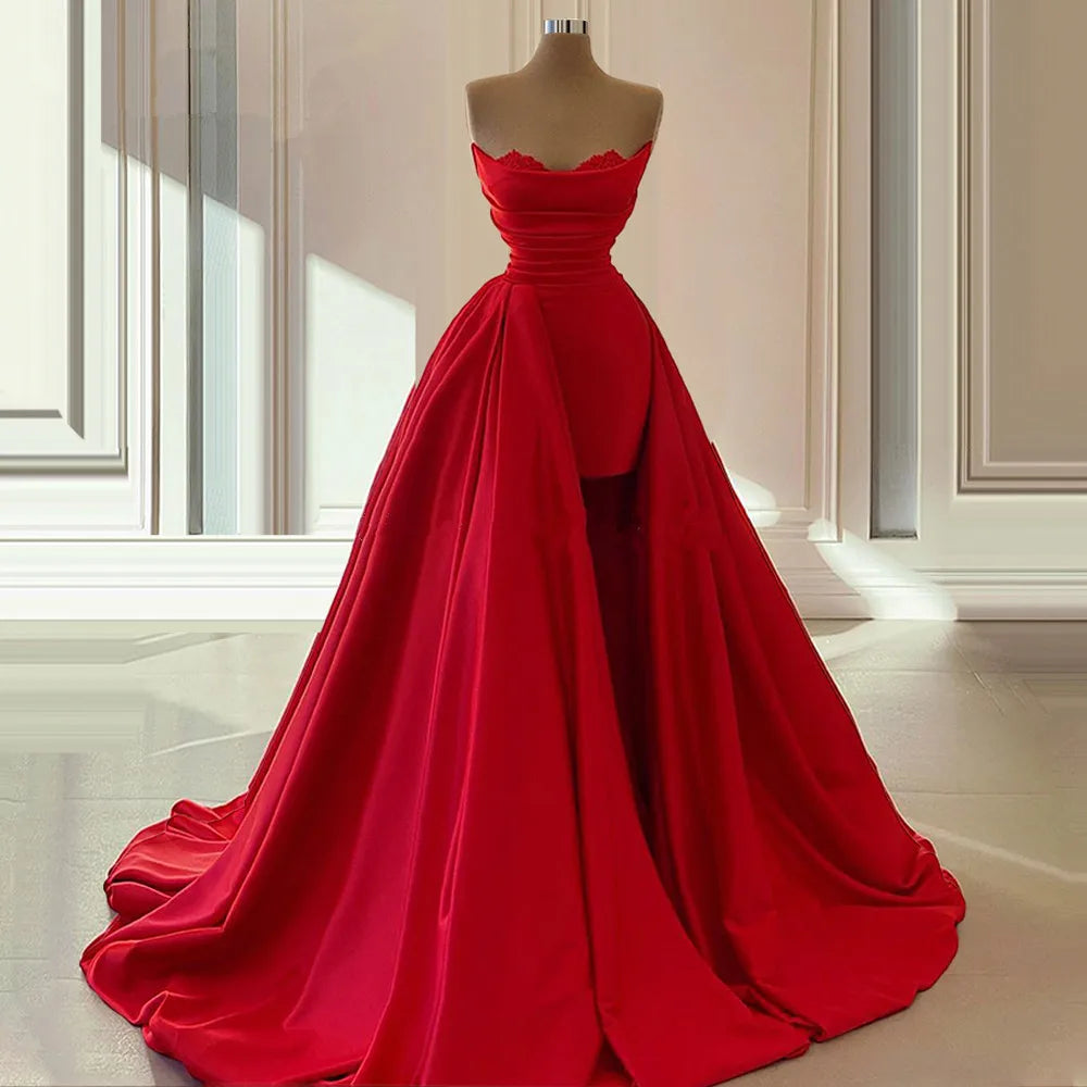 EV060 Elegant Dubai Formal Party Dresses Long Robe De Soiree African Turkish Red Prom Dress Women Evening Gown Strapless