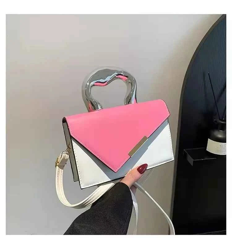 2025 Women's Casual Simple Metal Messenger Bag with Niche Handle Designer Contrasting Color Handbag