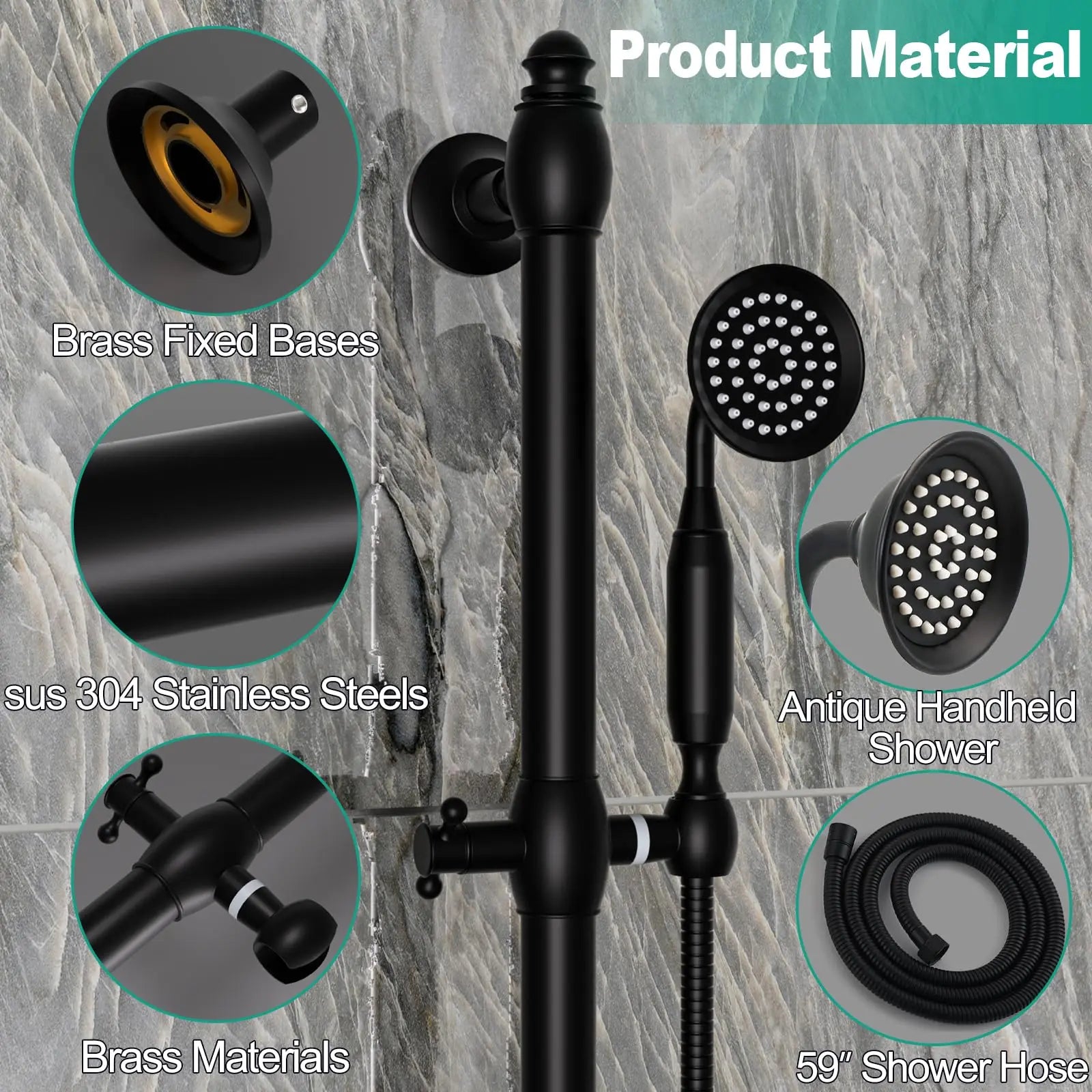 Brass Contemporary Shower Slide Bar Handheld Shower Head Adjustable Height Wall-Mounted 59-Inch Hose Rainfall Waterfall Spray