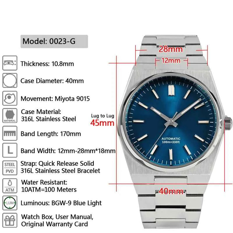 Men's Luxury Dress Watch - 40mm Classic Timepiece with Miyota 9015 Automatic Movement and Quick Release Stainless Steel Bracelet