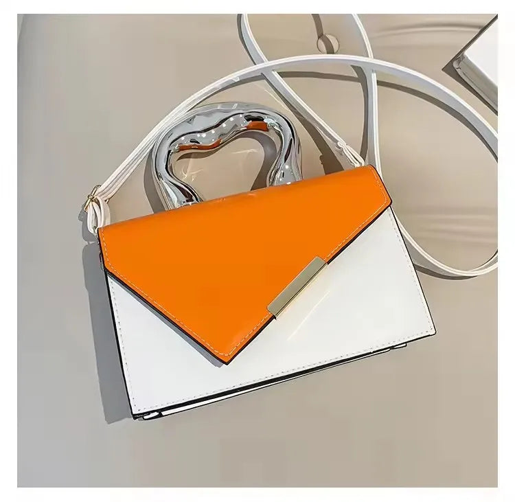 2025 Women's Casual Simple Metal Messenger Bag with Niche Handle Designer Contrasting Color Handbag