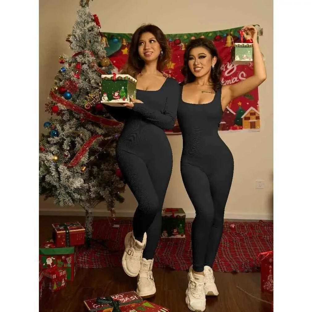 Elevate Women Spandex/Polyester Ribbed Long Sleeve Yoga Jumpsuit Full Length Square Neck Workout Solid Color