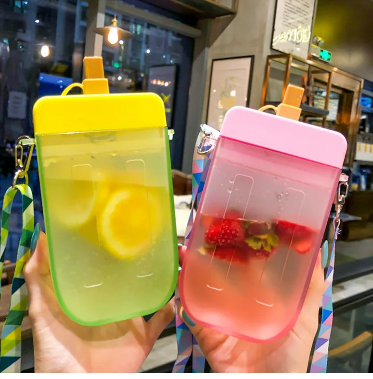 Summer Outdoor Water Bottle with Straw Portable Rope Travel Water Bottles Student Girls Water Cup Juice Drinking Bottle BPA Free