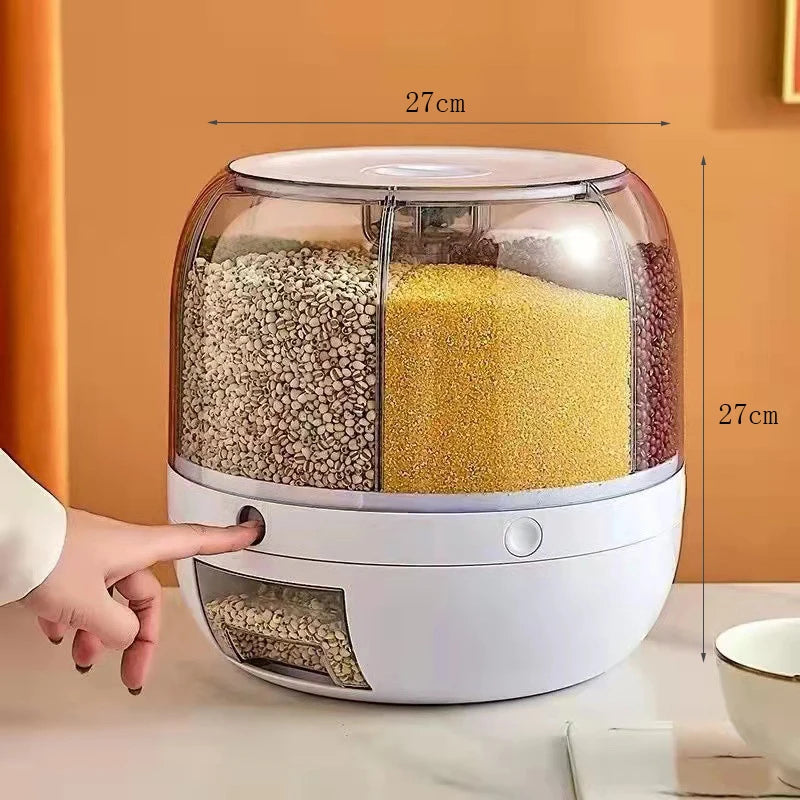 Best Seller Rice Container Kitchen Moisture-Proof 6-Grid Rotating Food Grain Dispenser Cereal Glossy Storage Box