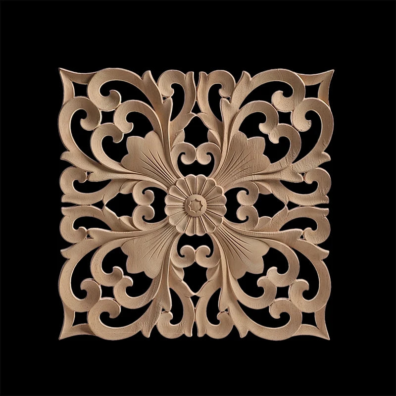 Decorative Wood Appliques Unique Exquisite Natural Floral Wooden Carved Onlay Decal Figurines Home Furniture Door Decor Square
