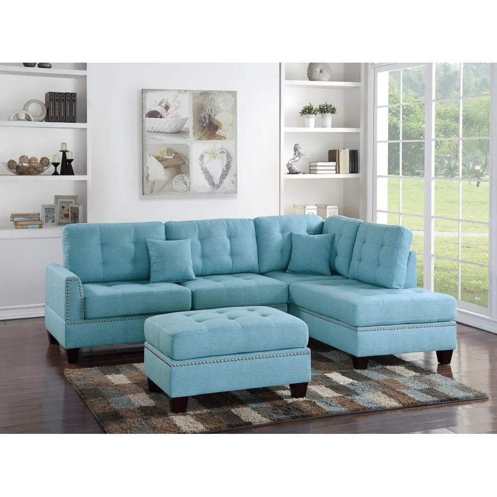 Modern Blue Color 3pcs Sectional Living Room Furniture Reversible Chaise Sofa and Ottoman Tufted