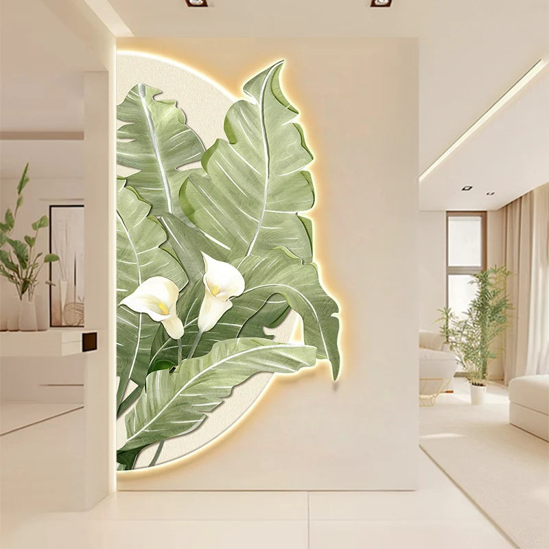 100*50CM Simplicity Flower Leaves Crystal Porcelain Modern Glass Wall Painting with Led  for Home Decor Living Room