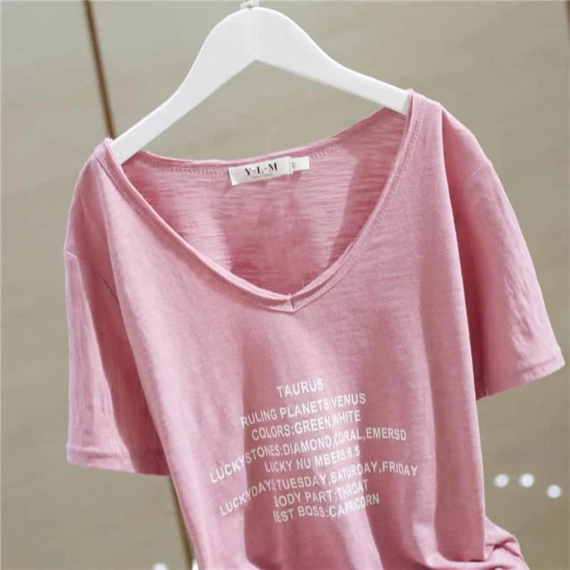 T Shirt Women 2026 New V-neck Loose Top Slub Cotton Letters Wild Short-sleeved Bottoming Shirts Female T Shirt Ins Tide Sexy Top