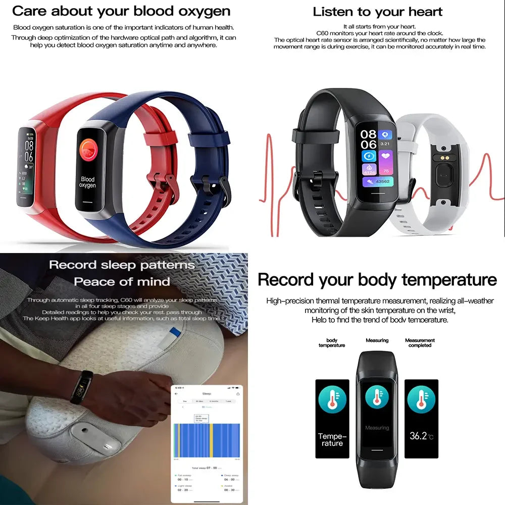 2024 New Arrival C60 SP02 HR BP Sleep Monitoring Smart Band IP67 Amoled Screen Display OEM ODM Bracelet Smart
