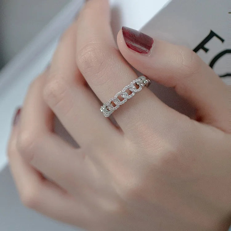 Simple Real 18K Gold Plated CZ Curb Chain Open Ring Adjustable Micro Cubic Zirconia Chain Link Ring