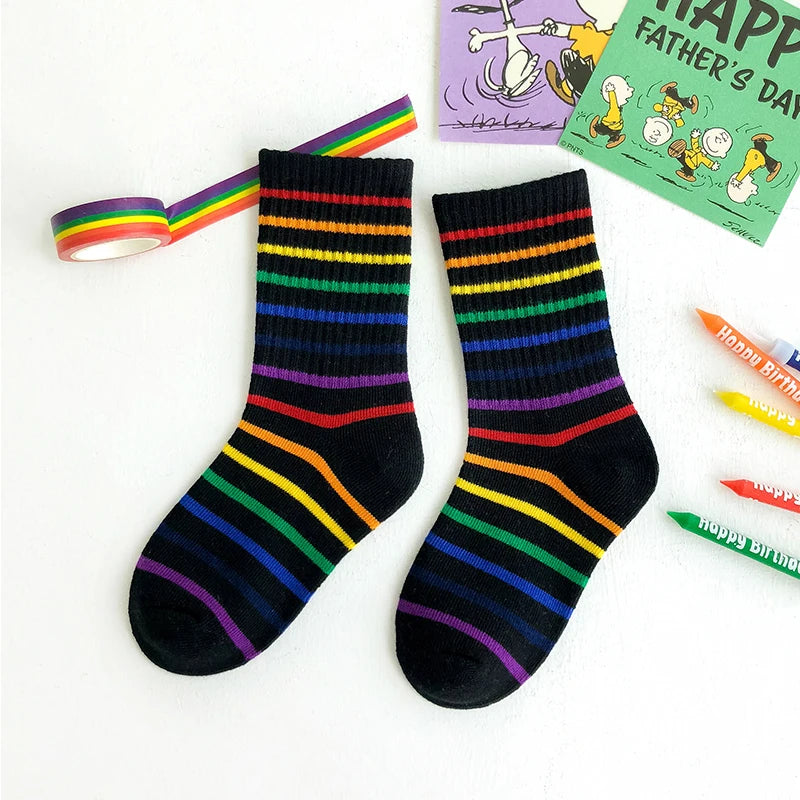 Kids Knee High Rainbow Socks Spring Summer Toddler Child Girls Boys Cotton White School Socks Stripe Long Sock Baby Accessories