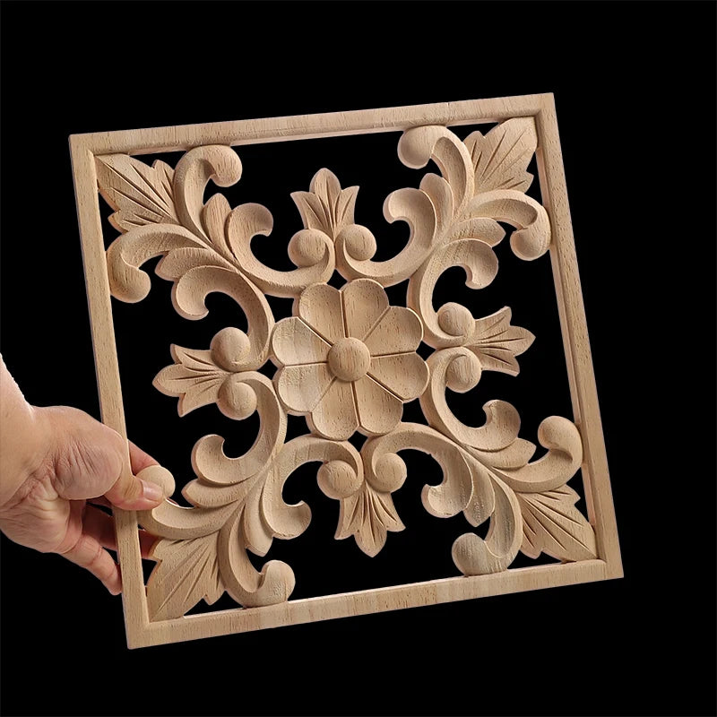 Decorative Wood Appliques Unique Exquisite Natural Floral Wooden Carved Onlay Decal Figurines Home Furniture Door Decor Square