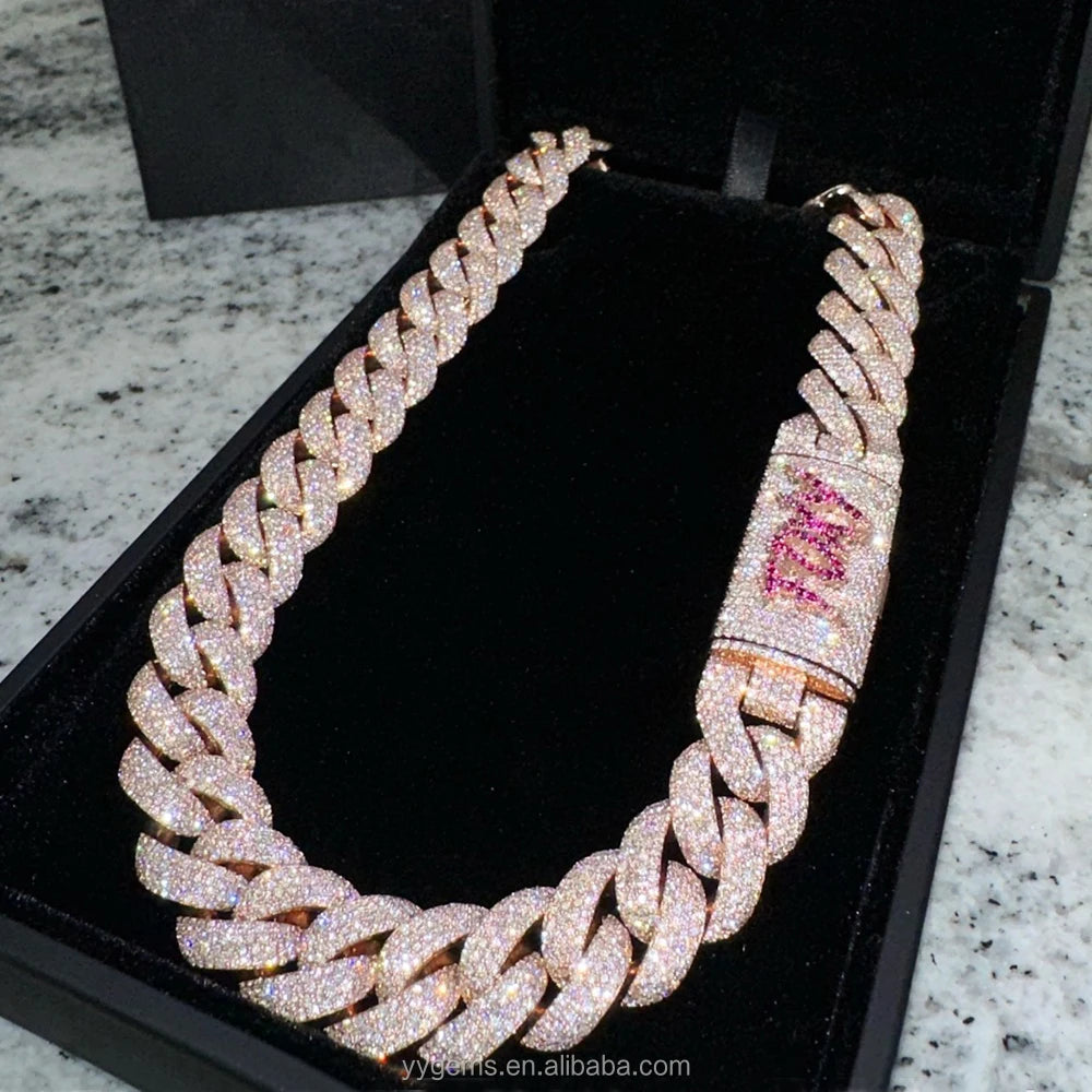 Custom Moissanite Heavy Silver Chain for Men 13mm-22mm  S925 Solid Rose Gold Plated Diamond VVS Moissanite Cuban Chain