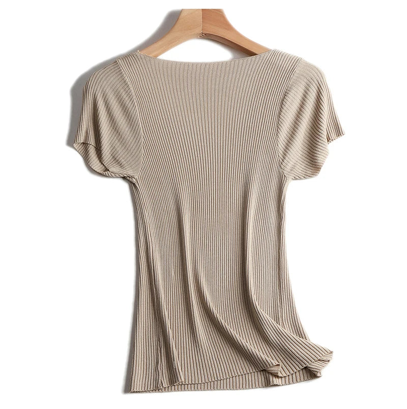 Pullover knitted Short Sleeve knitted Sweater Women Spring Summer Slim Basic Solid Casual Base Female knitting shirts 2024 Korea