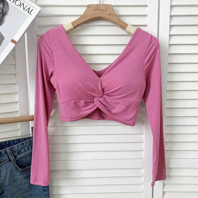 t shirt woman crop tops long sleeve kawaii T shirts built in bra women sexy top harajuku korean fashion
