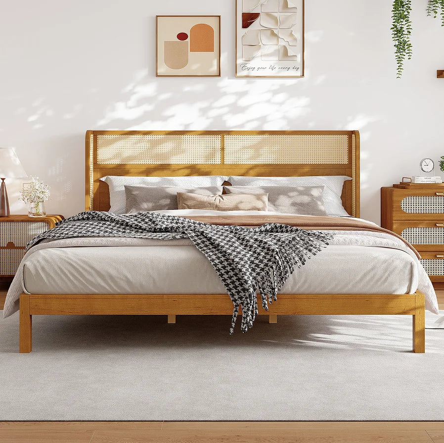 Teak Wood Platform Bed Frame  & King Size with Headboard Modern Soft Bed Eco-Friendly Convertible Natural Color