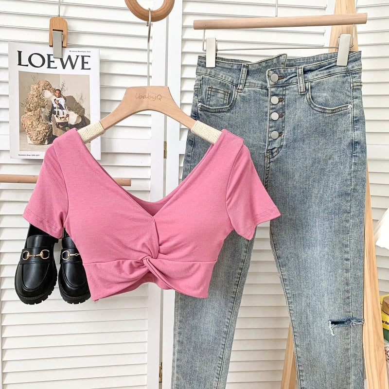 T Shirt  Woman Crop Tops Basic Short Sleeve Kawaii T Shirt Built In Bra Women Sexy Top Harajuku Korean Fashion