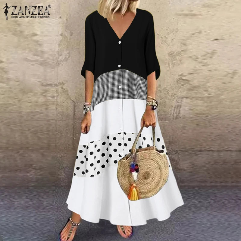 ZANZEA Summer Maxi Dress Women's Vintage Printed Sundress Casual Loose Short Sleeve Vestidos Vacation High Waist Robe Femme 2024