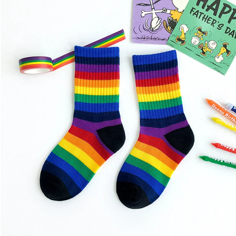 Kids Knee High Rainbow Socks Spring Summer Toddler Child Girls Boys Cotton White School Socks Stripe Long Sock Baby Accessories
