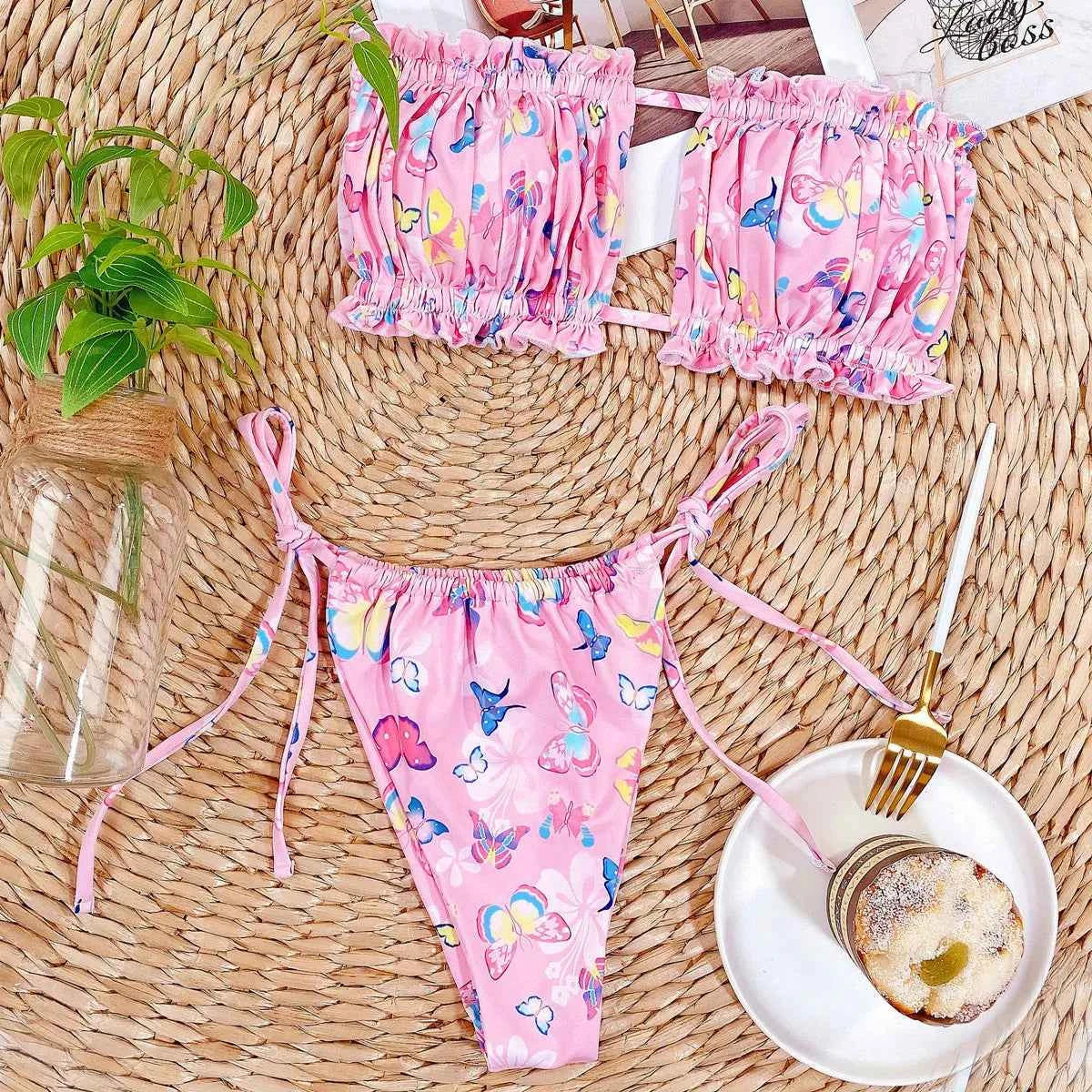 Sexy Bikini 2025 Pleated Bandeau Swimsuit Female Swimwear Women Mini Thong Bikini Set Bather Swimming Beachwear for Bathing Suit