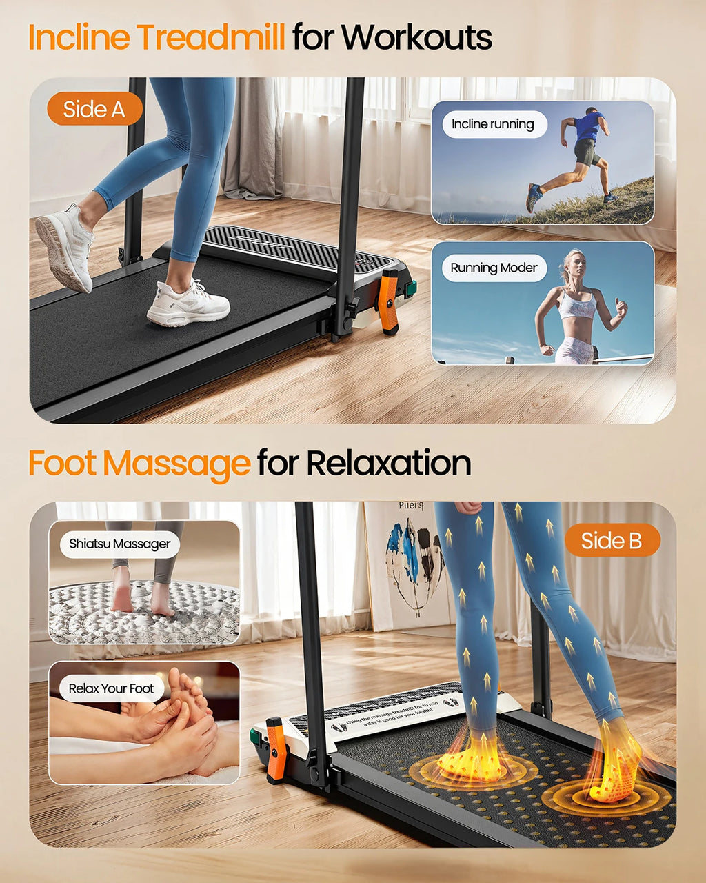 2 in 1 Double Side Used Portable Foldable Walking Pad LED Display Quiet Motor Home Use with Massage Function and Running