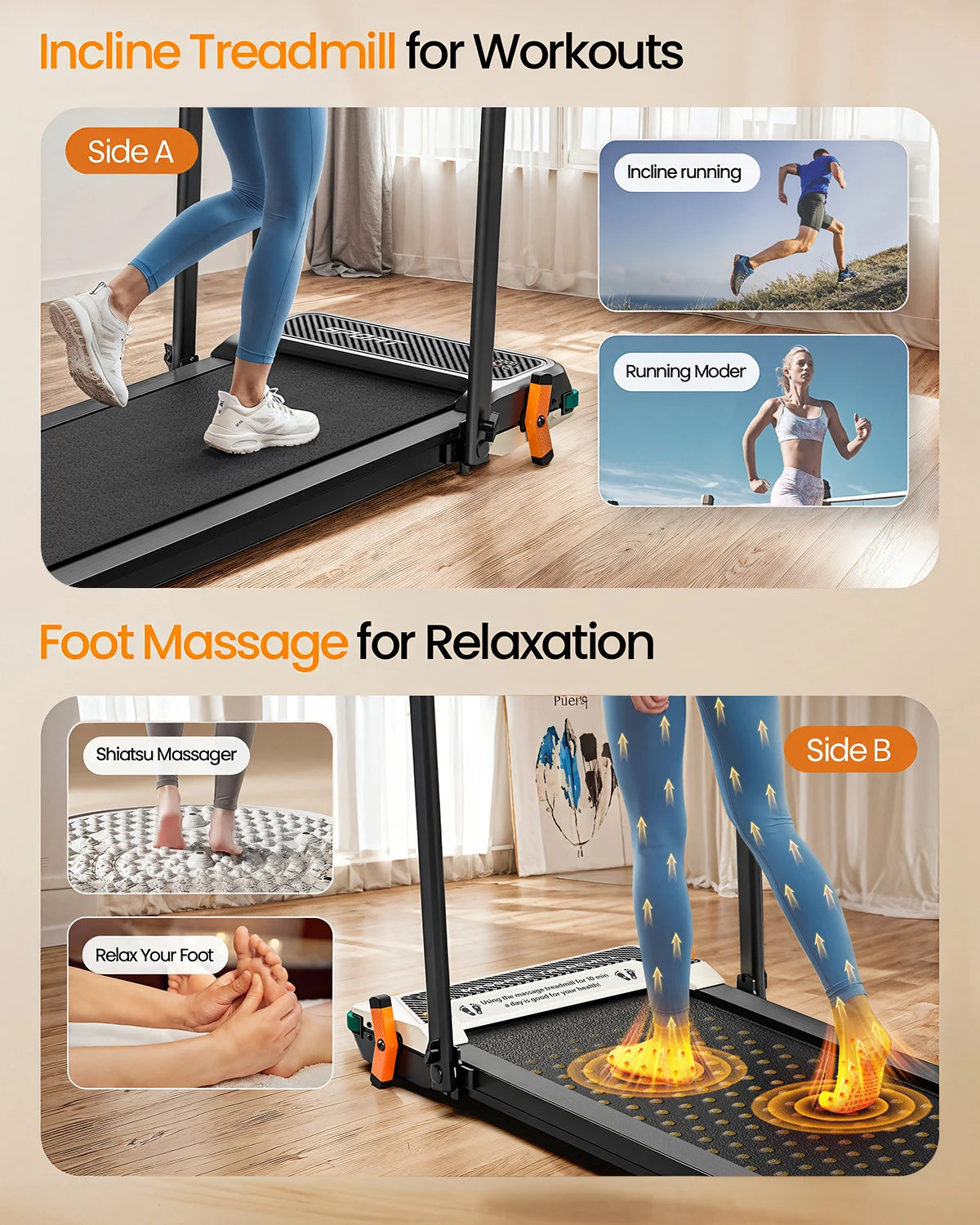 2 in 1 Double Side Used Portable Foldable Walking Pad LED Display Quiet Motor Home Use with Massage Function and Running