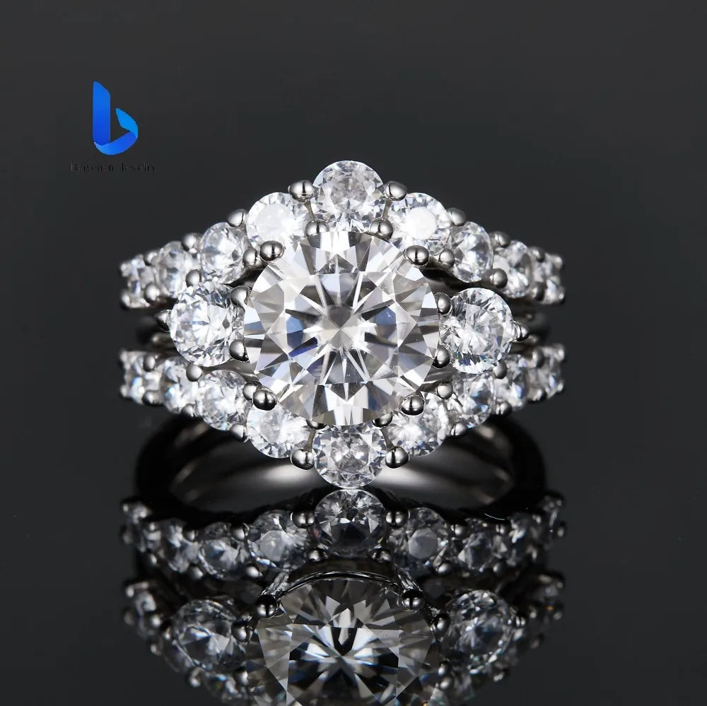 Luxury S925 Sterling Silver Round Brilliant Cut Moissanite Wedding Engagement Ring Set