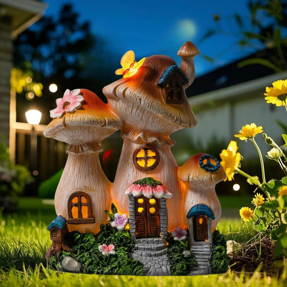 Outdoor Garden Statues Solar Light, Mushroom House Garden Statue Outdoor, Resin Garden Statue Lights Mushroom House Figurine