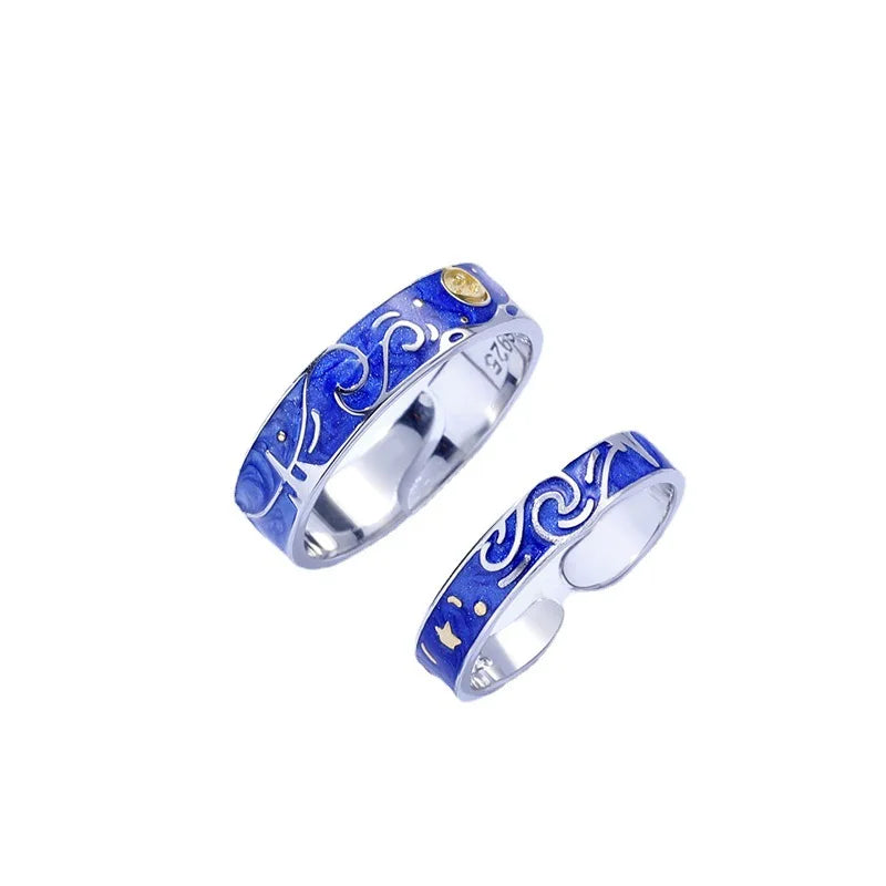 Universal High  End Elegant Sea  Blue S925 Silver Van Gogh Starry Sky Lovers Rings for Unisex