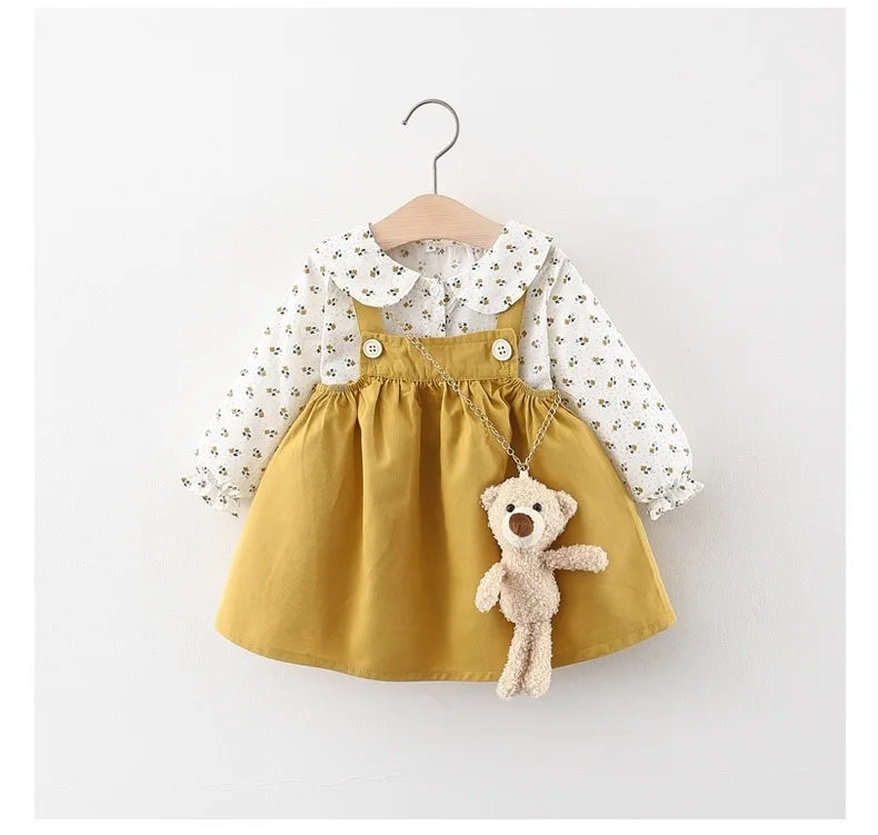Autumn Baby Girls Clothes Outfits Toddler Princess Flower T-Shirt+ Strap Dress Suits for Girls Clothing 1 Year Birthday Set