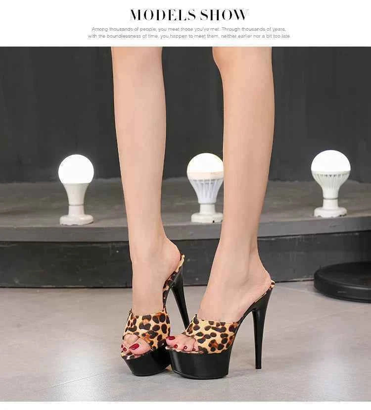 Voesnees Summer Slippers Women 2021 High Heels 15cm 17 CM Leopard Print Slip-On Platform Slides Sexy Catwalk Shoes Club Sandals