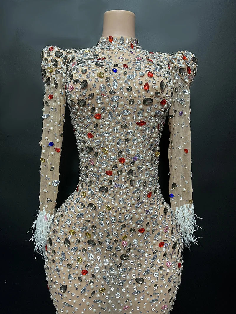 2024 Dropshipping Crystal Pearl Beading Feathers Women Gowns Evening Dresses High End Dress
