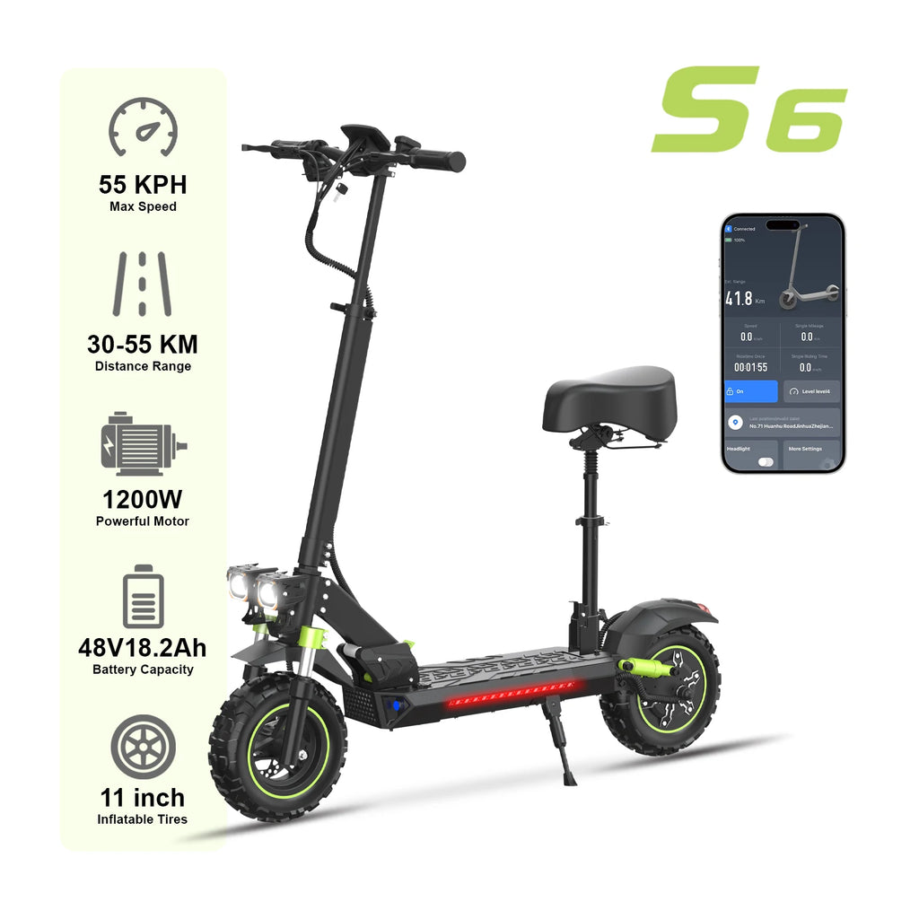 Free Shipping US Warehouse  S6 Electric Scooter with Seat, APP, 48V1200W Brushless Motor  Max Range  55km, Adult E-scooter