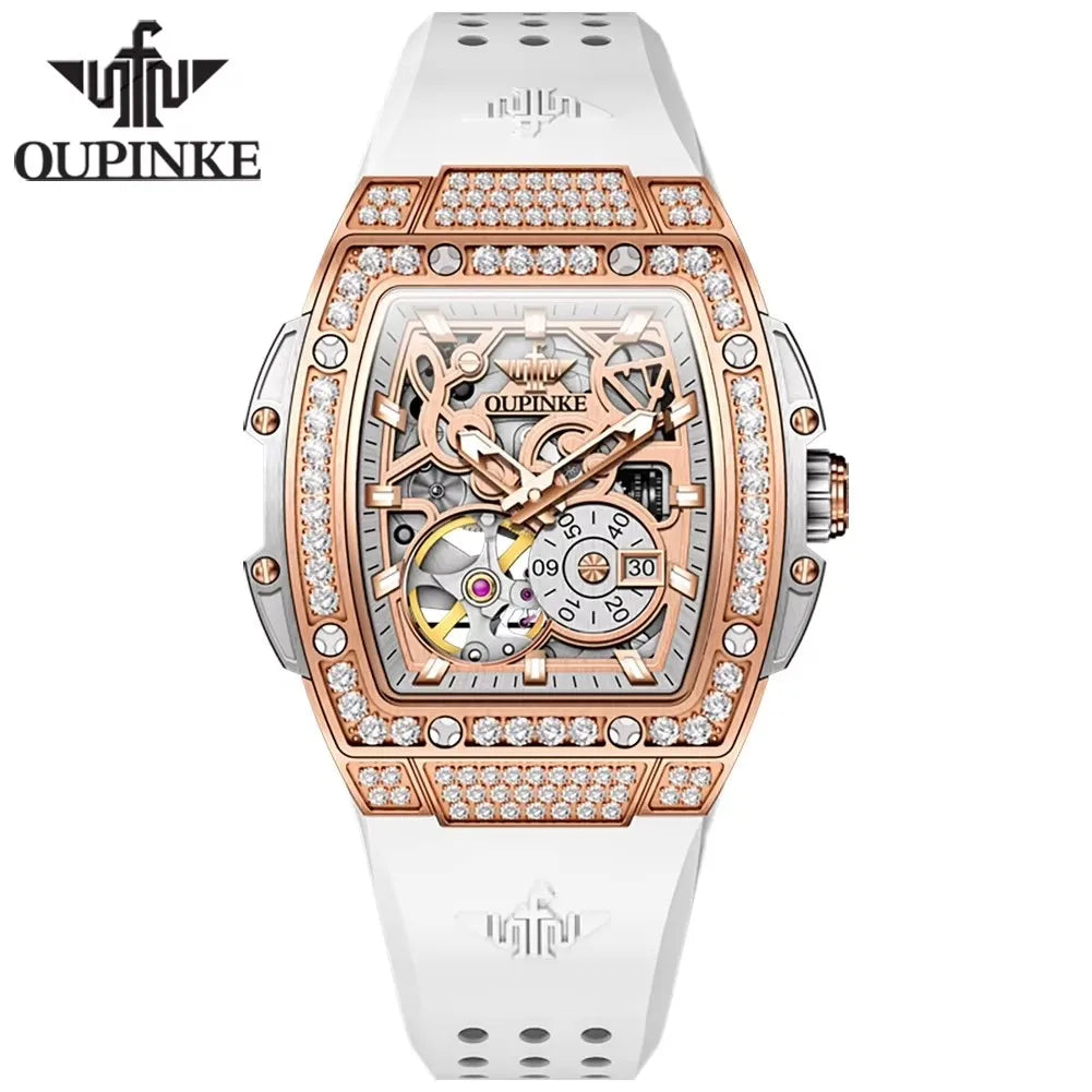 OUPINKE 3220 Hollow Skeleton Hollow Tourbillon Design Stainless Steel Sports Fashion Lady Automatic Mechanical Watch for Woman