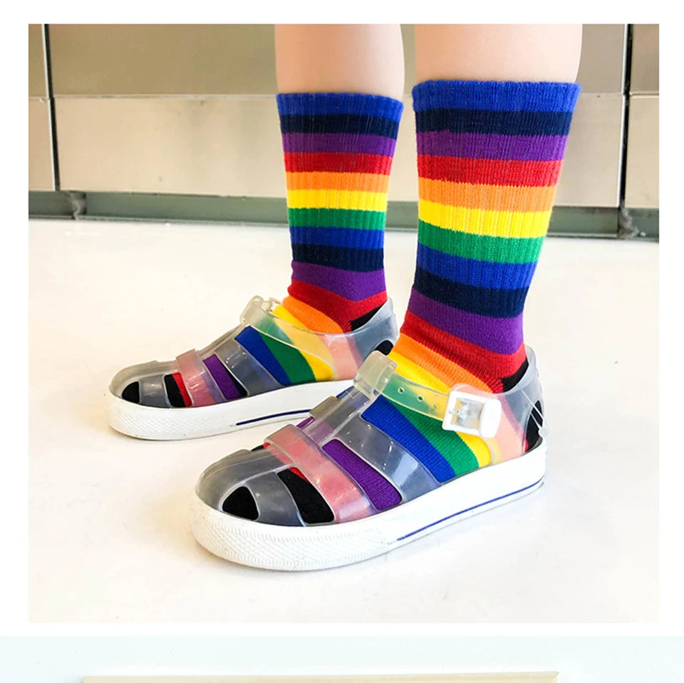 Kids Knee High Rainbow Socks Spring Summer Toddler Child Girls Boys Cotton White School Socks Stripe Long Sock Baby Accessories