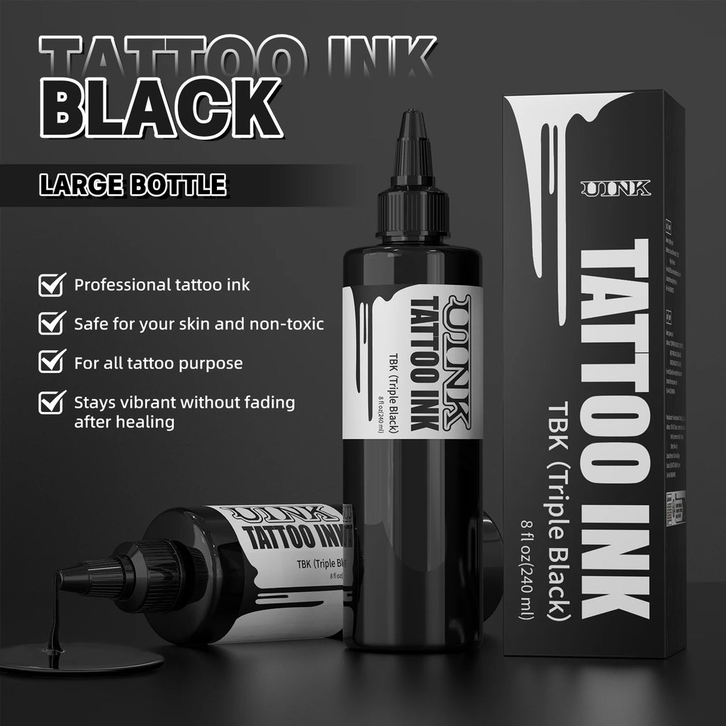 UINK 240ml Triple Black Tattoo Ink: High-quality Tattoo Pigment, UV Sterilized, Customizable Logo, OEM Supported.