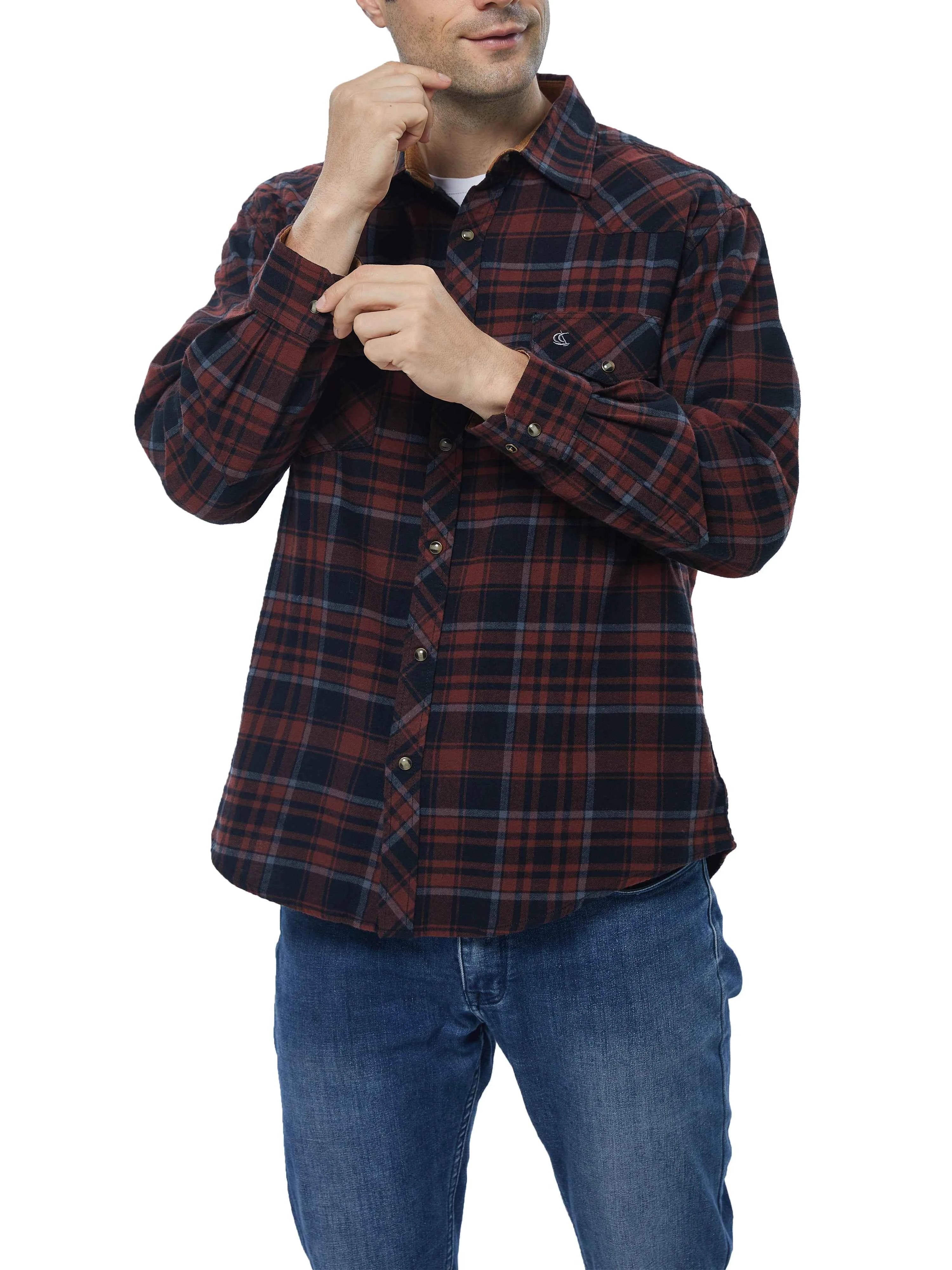 Mens Flannel Pearl Snap Plaid Button up Casual Western Cowboy Long Sleeve Shirts