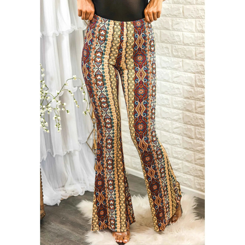 TD Esmie Breathable Satin Bell Bottoms Ladies Girls Casual Pants Elastic Waist Soft Comfortable Striped Tribal Print Colored