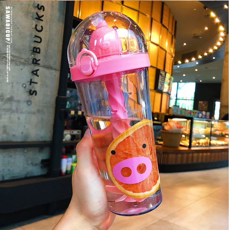 Water Bottle with Straw, Plastic Cartoon Mixing Cup, Creative Animal Design, Cute Cartoon, Girl Heart, Ins Photo Gift