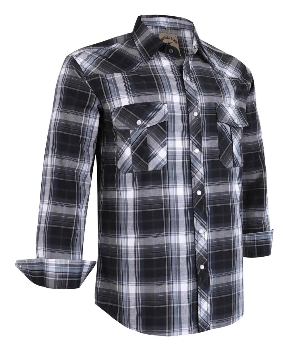Men's Western Pearl Snap Button up Casual Cowboy Long Sleeve Two Pockets Work Plaid Shirts