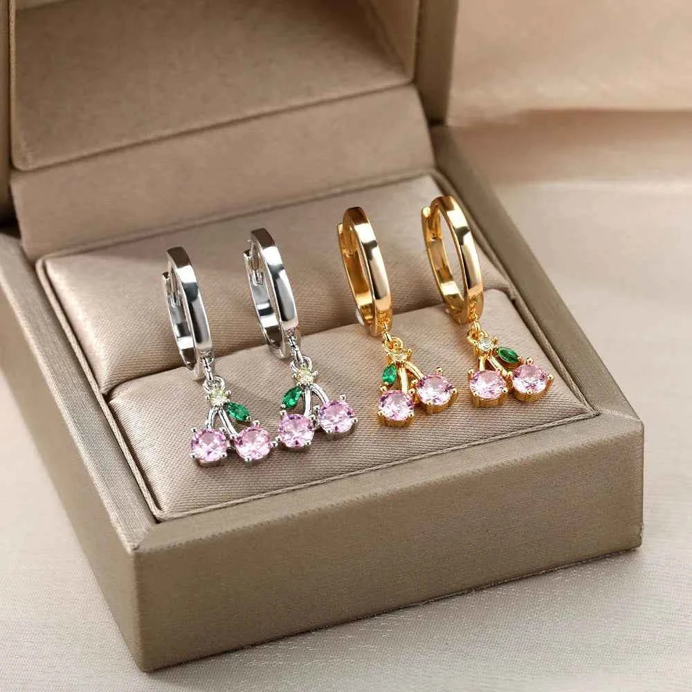 Crystal Fruit Cherry Drop Earrings For Women Stainless Steel Pink Cherry Earring Femme Fairy Fashion Boho Jewerly Gift 2023