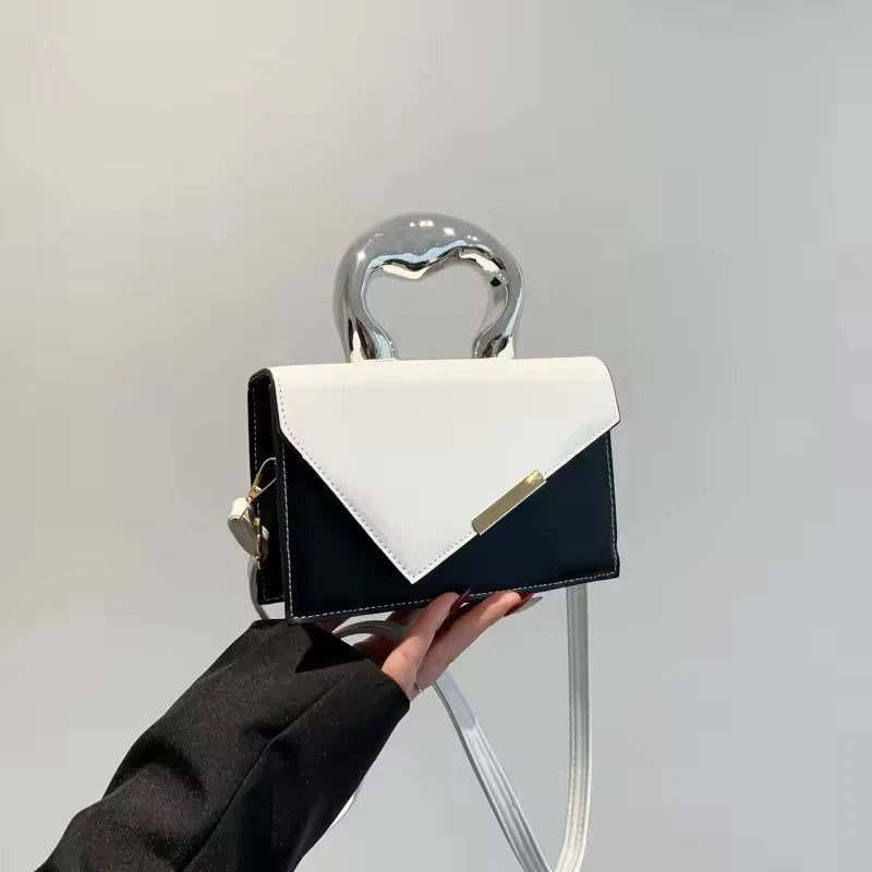 2025 Women's Casual Simple Metal Messenger Bag with Niche Handle Designer Contrasting Color Handbag