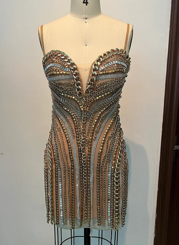 ED2566 Summer Satin Sequined Crossover High Ding Metal Chain Sexy Deep V Tube Top Short Bodycon Party Dress