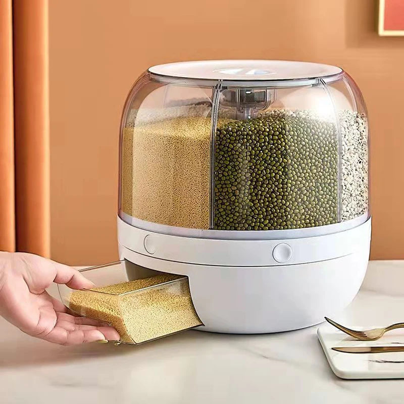 Best Seller Rice Container Kitchen Moisture-Proof 6-Grid Rotating Food Grain Dispenser Cereal Glossy Storage Box