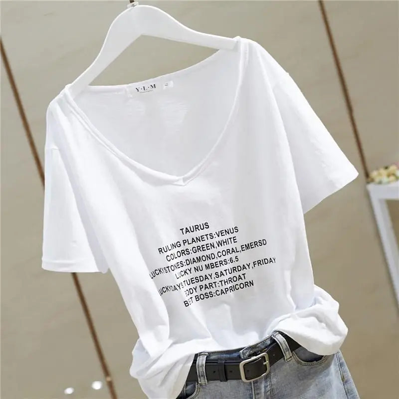 T Shirt Women 2026 New V-neck Loose Top Slub Cotton Letters Wild Short-sleeved Bottoming Shirts Female T Shirt Ins Tide Sexy Top