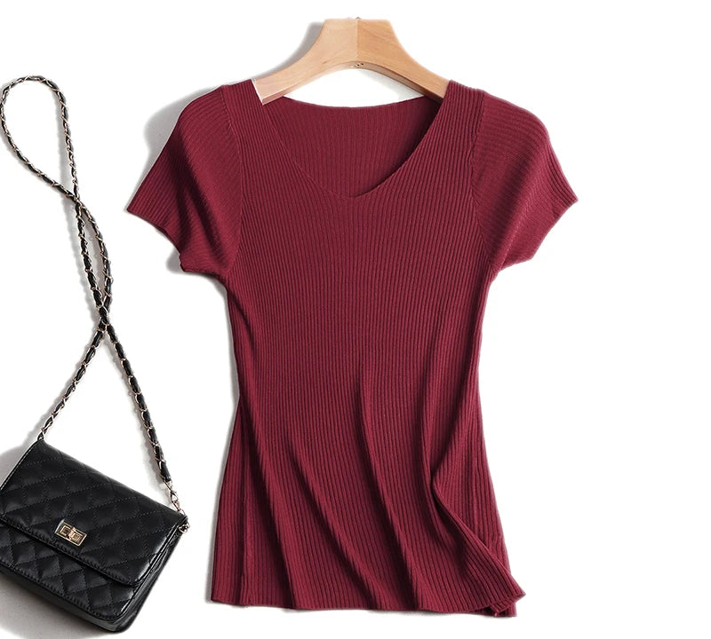 Pullover knitted Short Sleeve knitted Sweater Women Spring Summer Slim Basic Solid Casual Base Female knitting shirts 2024 Korea