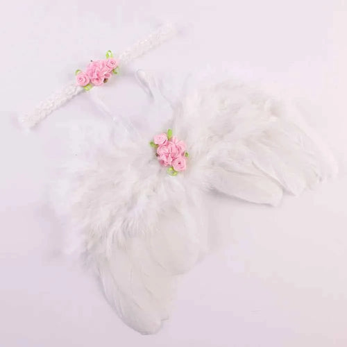 2pcs/set Cute Newborn Angel Feather Wings with Baby Girl Rose Flower Headband Hair Accessories for Infant Photography Props