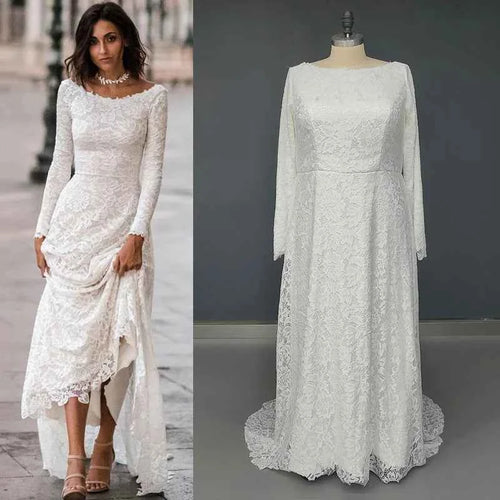 10561#Bohemian Beach Boat Neck Beach A-Line Lace Ruched Sexy Backless Sweep Train Long Sleeves Long Wedding Dress Bridal Gown