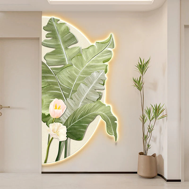 100*50CM Simplicity Flower Leaves Crystal Porcelain Modern Glass Wall Painting with Led  for Home Decor Living Room