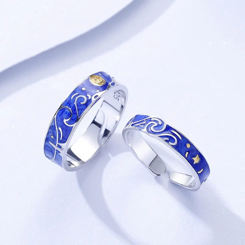 Universal High  End Elegant Sea  Blue S925 Silver Van Gogh Starry Sky Lovers Rings for Unisex